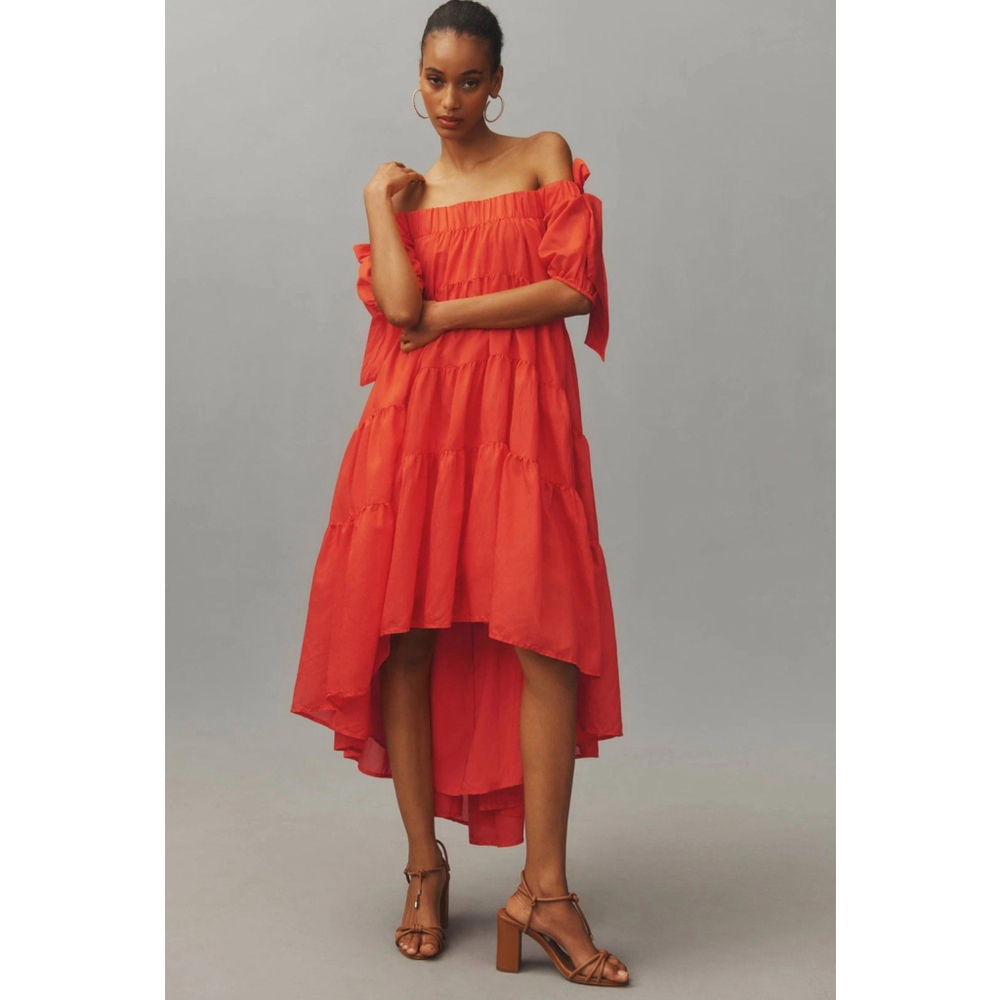 Anthropologie Off-The-Shoulder Tiered High-Low Midi Dress XS Vibrant Orange NWOT